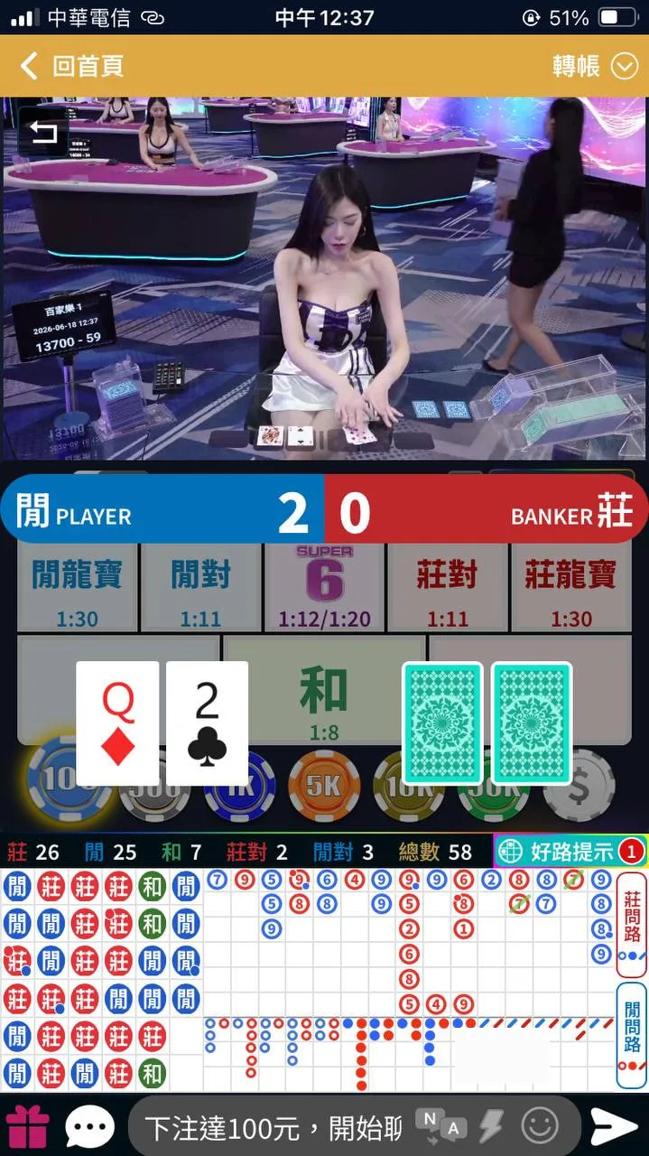 百家樂看路畫面：大路與莊閒和的紅藍珠記錄（Matt 實際遊玩時的截圖）